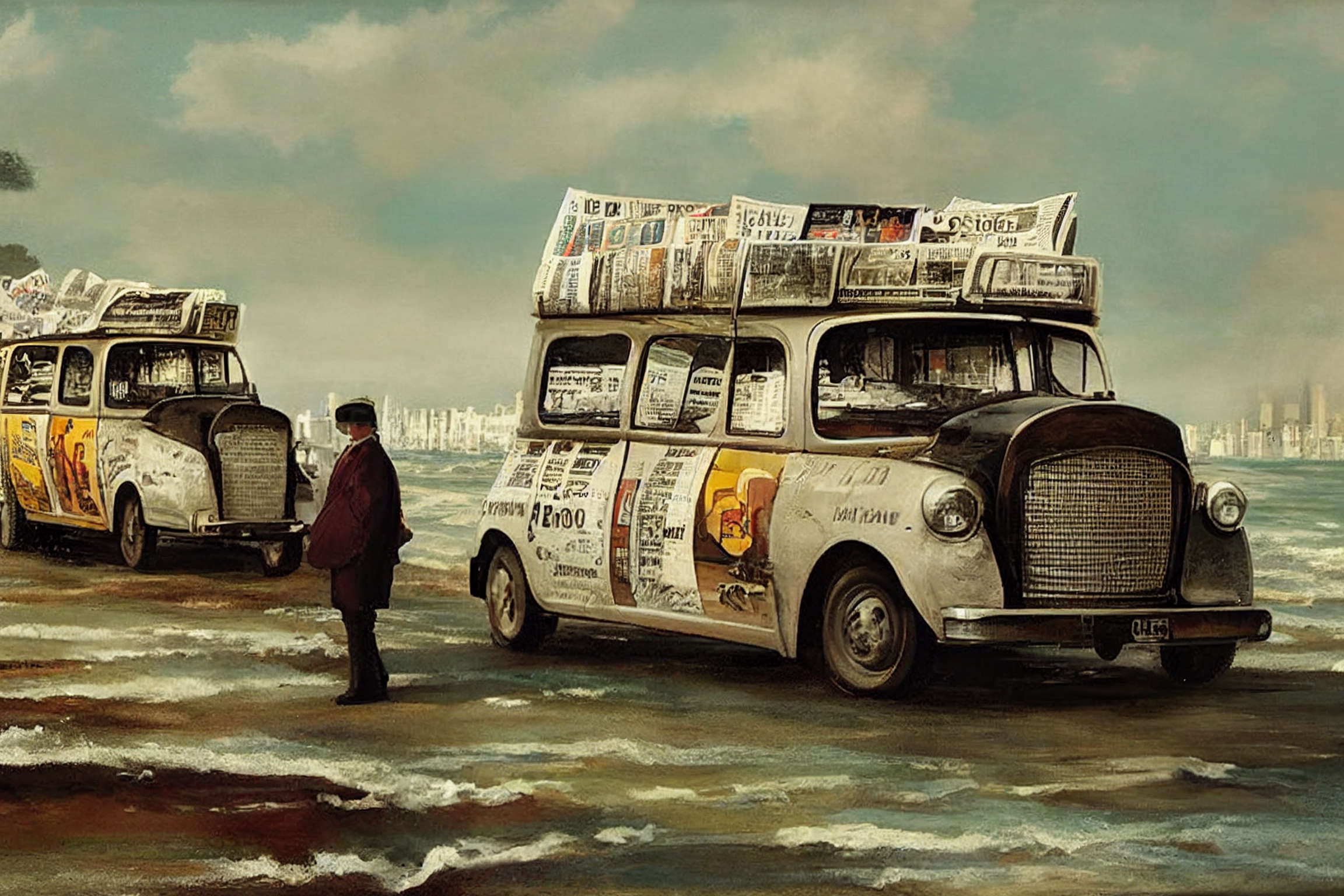 Newspaper taxis appear on the shore