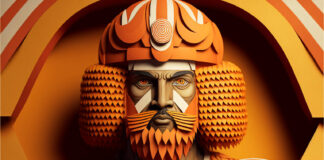 portrait of a man colored skin with a soccer ball wearing an orange viking helmet © Rixster 3gz.com