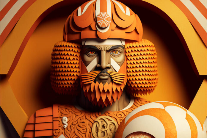 portrait of a man colored skin with a soccer ball wearing an orange viking helmet © Rixster 3gz.com