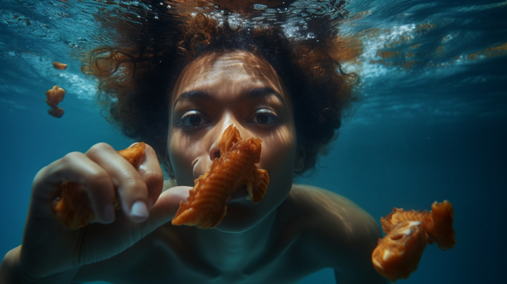 ThE_ED_a_woman_eating_fried_chicken_wings_underwater_ce815fb0-26ef-407c-bc9a-9c8e46984497.png