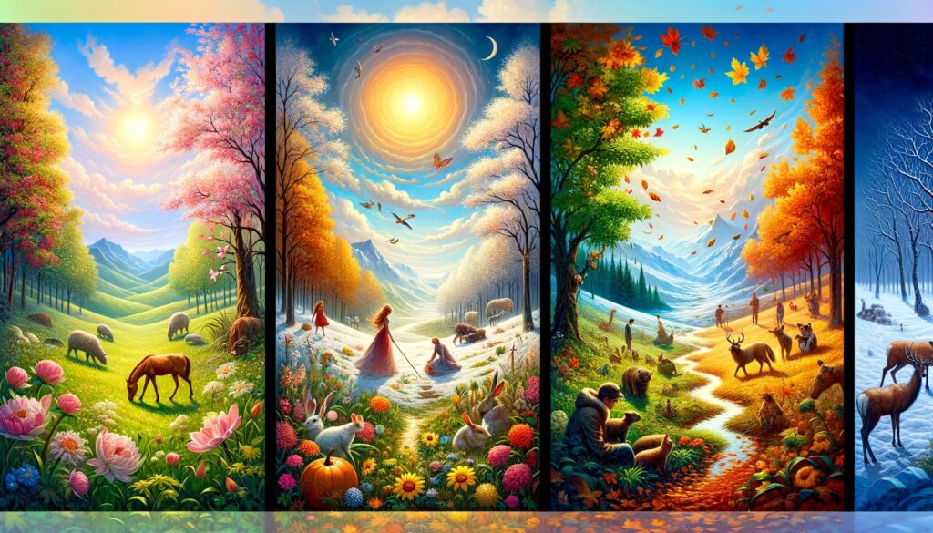 DALL·E-2024-04-02-08.48.39-Create-a-triptych-showing-the-cycle-of-seasons_-Spring-Summer-and-Autumn