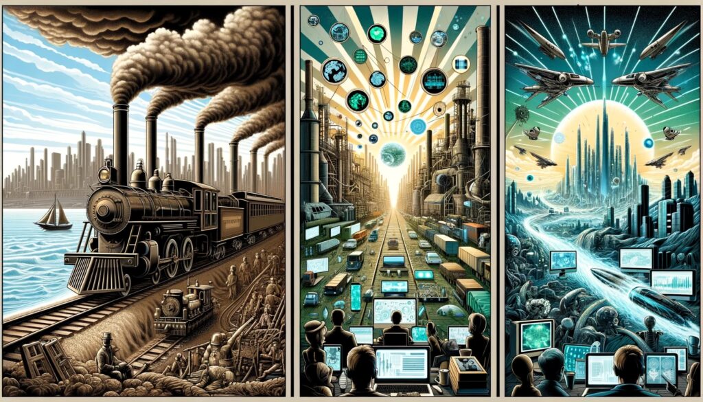 DALL·E-2024-04-02-08.51.23-Create-a-triptych-illustrating-the-evolution-of-technology_-Industrial-Revolution-Digital-Age-and-Future-Technology
