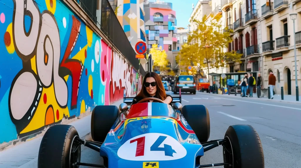 rixster_woman_driving_a_classic_1970s_formula_one_car_in_a_squa_82724ad9-9d1a-4674-a949-66cec73a67fa