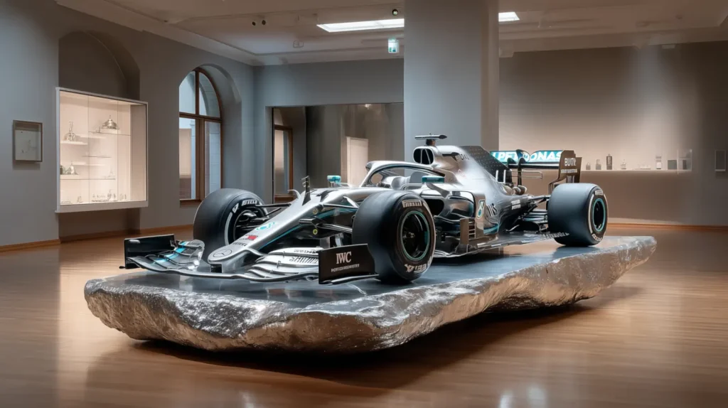 rc-rixster_a_mercedes_F1_car_placed_on_a_big_shiny_silver_stone